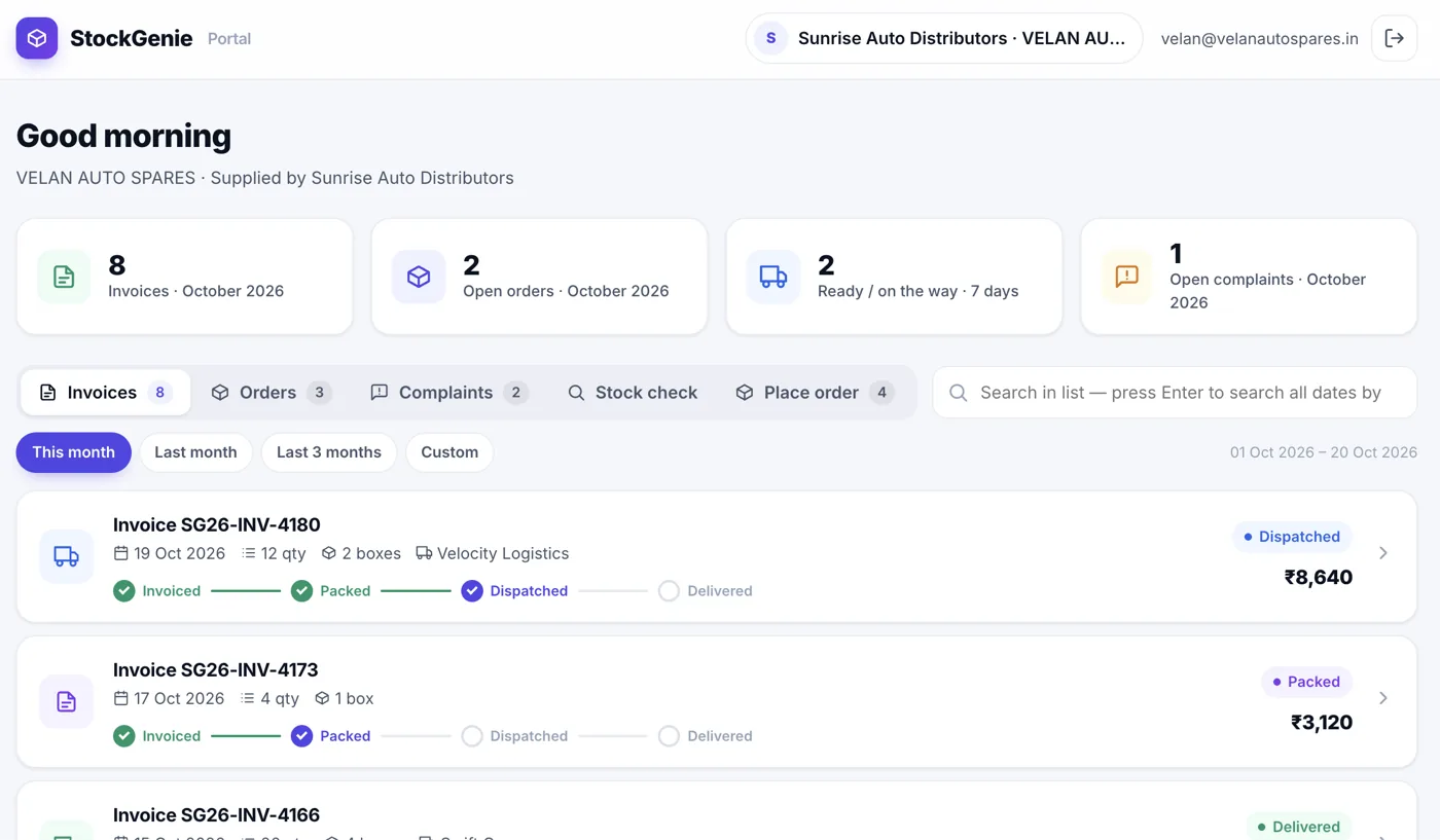 StockGenie customer portal dashboard